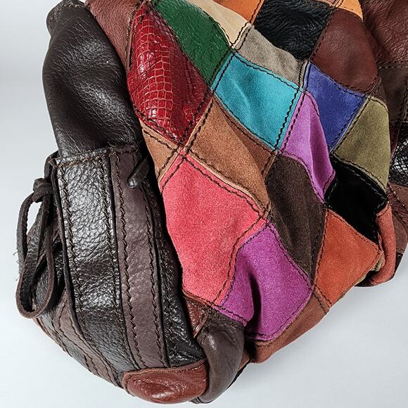Lucky Brand Leather Patchwork Bag New Shoulder Tote Hobo Boho Large Colorful Vtg - Picture 4 of 12